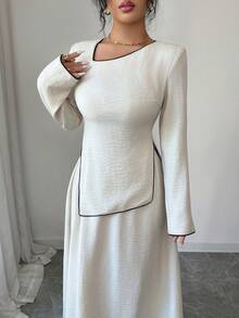 Modelyn Women's Vintage Contrast Color Long Sleeve Top And Skirt 2 Pieces Set, All Season - Beige - View 5