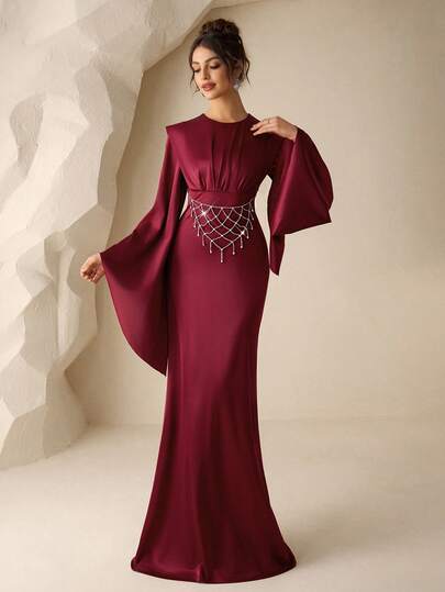 Coutiva Women's Solid Color Round Neck Flare Sleeve Fishtail Hem Formal Evening Gown (Heavily Embellished) Valentines Dress Elegant Dress Sequin Dress Floral Dress Luxury