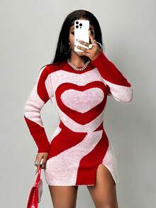 BamGleam 女士毛衣连衣裙，长袖，修身，圆领，侧开衩，红白爱心提花，性感，简约，休闲，时尚，优雅毛衣连衣裙 - 紅白色 - 查看 4