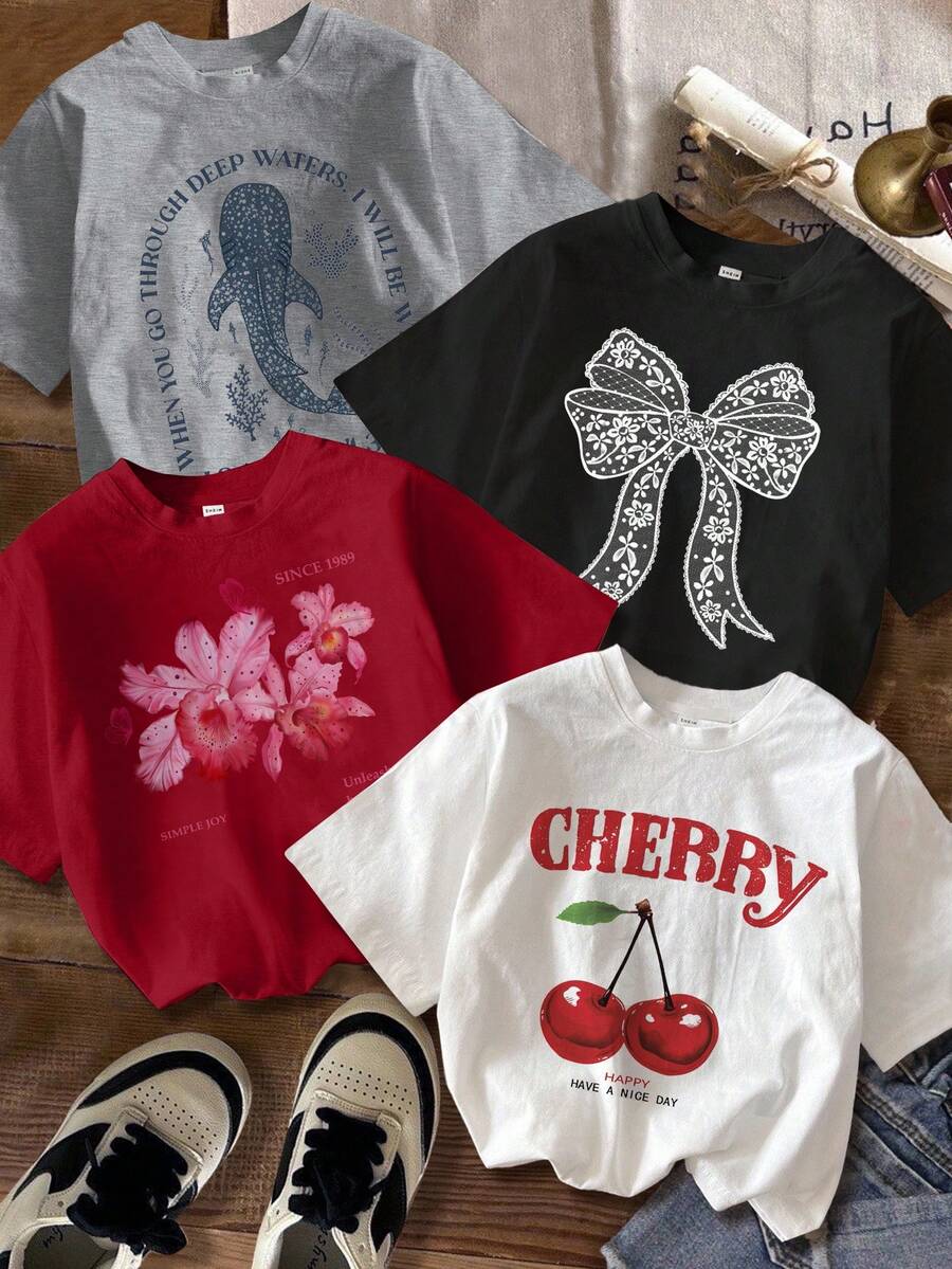 SHEIN EZwear 4件套休闲简约鲨鱼、蝴蝶结、花卉、樱桃印花圆领宽松短袖T恤，女款，适合夏季穿着 - 彩色 - 查看 1