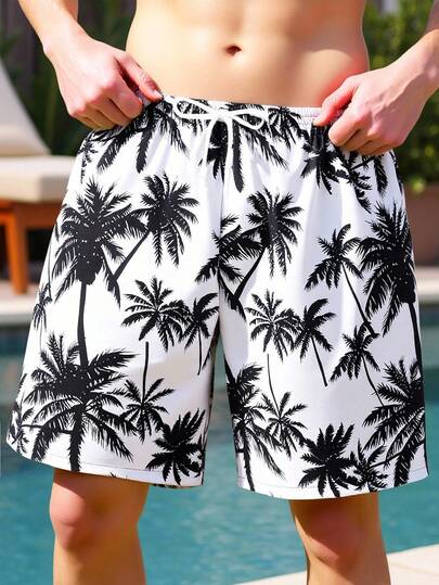 SHEIN Teen Boy Hawaiian Print Beach Shorts, Swim Trunks, Vacation , Fashionable, Casual, Suitable For Swimming, Summer Vacations, Beach And Seaside Activities, Pool Summer Party, Leisure Getaway. Men's Swim Trunks Palm Tree Shorts White Swim Shorts Patterned Shorts