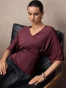 Modelyn 女士纯色V领落肩修身时尚优雅T恤 - 棕色 - 查看 6