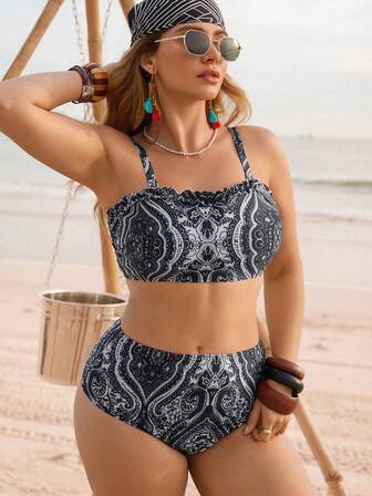 SHEIN 2026 New Summer Beach Vacation Boho Print Removable Strap Ruffle Hem Plus Size Swimsuit Set, Suitable For Vacation And Parties