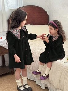 LMoss Kids 女婴编织拼接花卉彼得潘领休闲连衣裙 - 黑色 - 查看 5
