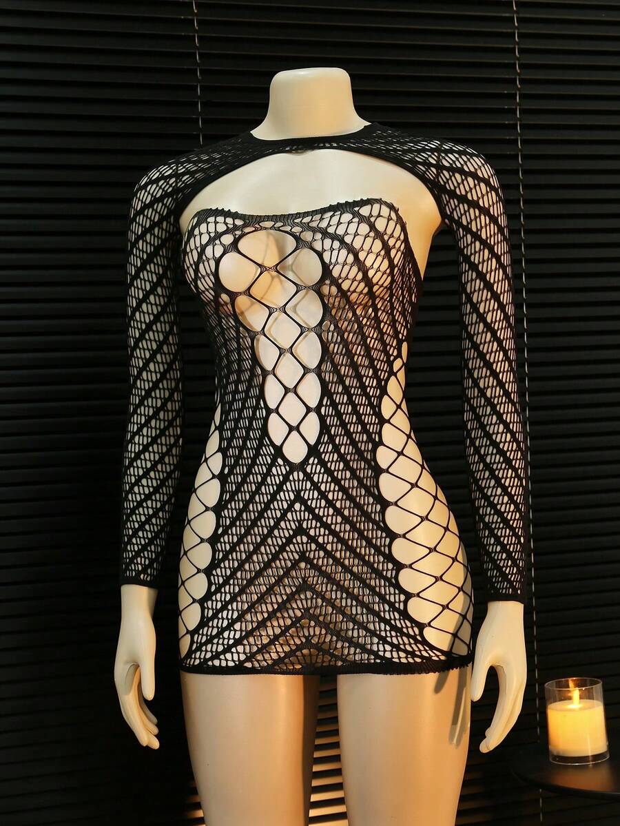 2pcs/Set Women Long Sleeve Cropped Top And Sexy Mesh Mini Skirt - Black - View 1