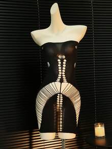 Falda de malla sexy con bandeau de unicolor y rasgado para mujer - Negro - Ver 6