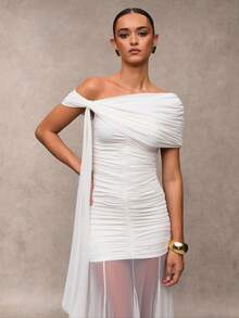 SHEIN BAE 女士纯色简约休闲不对称肩连衣裙 - 白色 - 查看 5