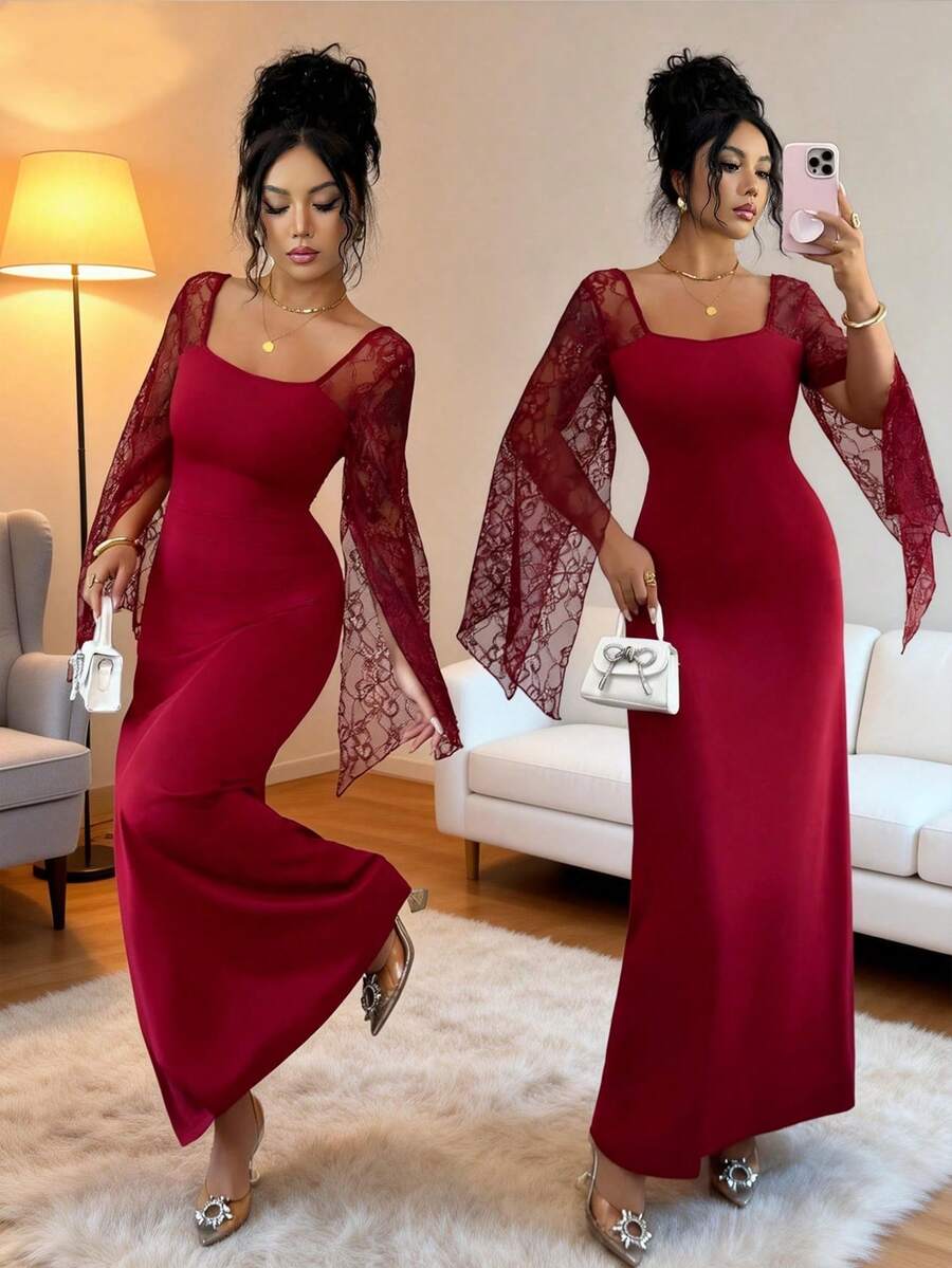 SHEIN Elenzya Váy dài tay loe ren thắt eo cho nữ, thanh lịch khi đi làm hàng ngày, thời trang, ngày lễ, phong cách đường phố Pháp, đa năng, thích hợp cho ngày lễ tình nhân, hẹn hò, tiệc tùng, năm mới, màu đỏ tía, đầu xuân/thu đông, váy dài tay mới về - Đỏ - Xem 1