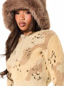 SUMWON WOMEN 毛绒豹纹长袖开襟羊毛衫，带帽，适合秋冬季舒适叠穿 - 杏色 - 查看 6