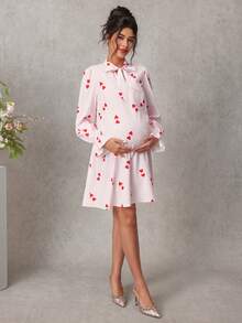 Momance 孕妇优雅浪漫心形蝴蝶结印花连衣裙，春秋季 - 粉色 - 查看 2