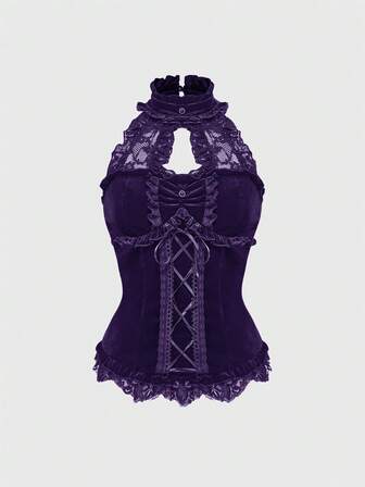 Fairycore Camiseta de mujer con cuello alto de terciopelo y encaje, con parches y lazo en la cintura, de estilo gótico elegante