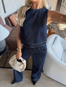 EMERY ROSE Women's Casual Denim Sleeveless Top And Pants Set,Women Denim Set,Women Denim Set,Denim Vest Wide Leg Pants Set,Denim Tank Top And Pants Set,Relaxed Wide Leg Denim Set,Elastic Waist Denim Pants Set,Office Denim Set,Versatile Office Denim Two Piece,Vacation Denim Set,Holiday Casual Denim Two Piece,Old Money Style Denim Set,French Casual Denim Set,All Season Denim Set,Spring Fall Denim Set,Valentine's Day - Blue - View 7