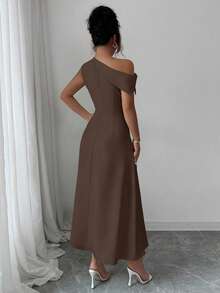 Modelyn Women's Yellow Asymmetrical Shoulder Ruched Waist Elegant Dress - Brown - View 2