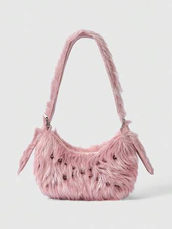 Grunge Punk Bolsos de hombro para damas/mujeres, de peluche, bolso de peluche, bolsos de motociclista con remaches punk, bolso tipo hobo, bolso de Navidad, regalos para mujeres, Día de San Valentín, cadena de metal, de moda, personalidad, versátil, compras, calle, dulce y fresco para chicas, chicas calientes, Y2K, diario, otoño e invierno (patrón aleatorio)