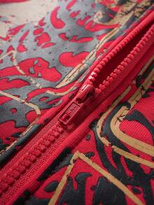 ROMWE MEN Goth Men's Letter & Skull Print Zip-Up Hooded Sweatshirt With Fur Collar - Red - View 7