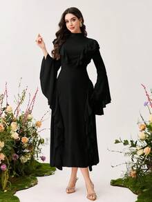 Modelyn Ruffle Flare Sleeve Long Fitted Dress For Women - Black - View 7