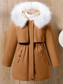 Teen Girls Mid-Length Zipper Loose Waist Hooded Fluffy Casual Winter Jacket, Suitable For Daily Commute And School