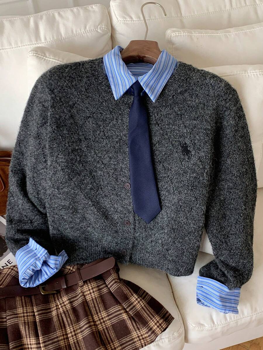 Comfortcana 2025 New Simple Autumn And Winter Women's Casual Embroidery Details Chic Cardigan, Autumn And Winter Country Style Women's Going Out Wear Dark Gray Sweater Autumn Wear,Fall,Fall Clothes For Women,Winter Clothes For Women - Dark Grey - View 1