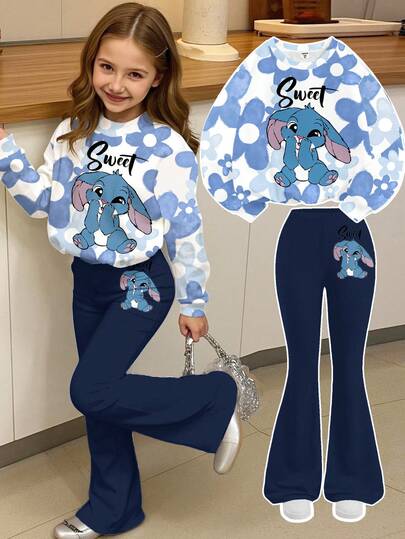 بلوزة وبنطلون قطعتين من قطعتين مكونة من بلوزة كاجوال فضفاضة بأكمام طويلة وياقة طاقم مع نمط أزهار باللون الأزرق الممزوج، وبنطلون واسع، مناسبة للخريف/الشتاء، مع رسوم كرتونية لأرنب أزرق وغرزة