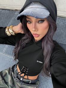 SHEIN EZwear 秋冬女士休闲字母印花交叉抽绳连帽卫衣 - 黑色 - 查看 5