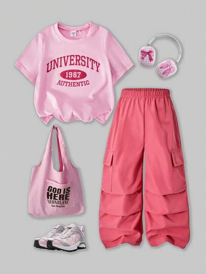 SHEIN 两件套女童字母印花白色短袖T恤和亮片蝴蝶结装饰粉色工装裤，时尚夏季套装