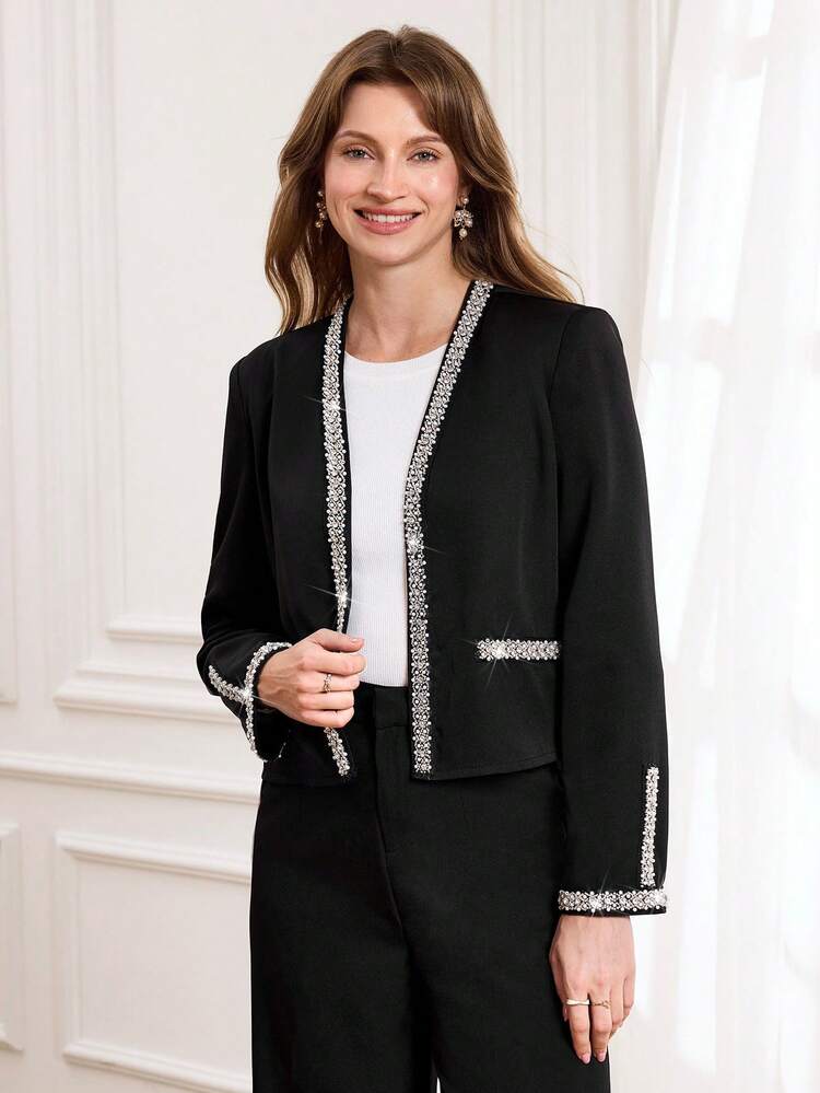 This Elegant Women's Autumn/Winter Coat Features Silver Rhinestone Trim, Sparkling And Eye-Catching With A Touch Of Sophistication. The Classic Black Paired With Silver Rhinestones Creates A Sophisticated And Sophisticated Look That's Sure To Turn Heads. Perfect For Autumn And Winter, This Coat Is Also A Great Choice For New Year's, Showcasing A Glamorous Style. Ideal For New Year's Fashion Parties, Upscale Gatherings, And Any Occasion Requiring A Striking Look.