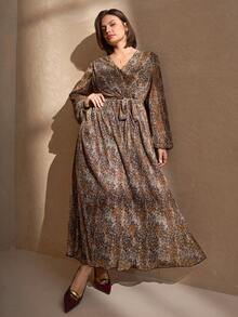 Chikora Abito elegante di media lunghezza con scollo a V, maniche a lanterna, plissettato, con stampa floreale e leopardata, adatto per resort, abiti da spiaggia, abiti da sole, outfit bohémien da vacanza, taglie comode per donna - Multicolore - Visualizzare 6