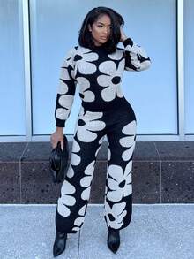 Alexandranx Chic Autumn Women's Casual Floral Pattern Knitted Sweater And Pants 2 Pieces Set, Autumn/Winter - Apricot - View 5