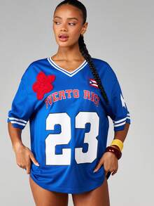 MISSGUIDED 女士超大款波多黎各橄榄球球衣V领短袖露脐上衣，饰有23号和花卉贴花细节，性感 - 彩色 - 查看 6