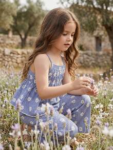 Vintaside Kids 两件套女童格纹碎花印花无袖上衣和配套长裤，修身款式，适合外出、休闲、运动、派对等场合。