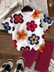 2pcs Tween Girls Casual Cute Textured Ditsy Floral Set - Red Retro Floral Shorts & Tee, Suitable For Summer, Vacation, Outings, Kids Fall Fashion, Kids Cozy , Sweet Style, Affordable Fashion, Weekend Outfits, Back To School Fashion, Blossom Vogue, Fall New Style, Y2K, Girls Outfit Sets, Two Pieces Set, Tween Girl Clothes, Sets For Kids, Floral Pop Teenager Girl Short Shirt For Summer Flower Set Summer Outfit Kids Flower Shirt Girls Flower Shirt Tween Flowered Blouse Tween - Multicolor - View 3