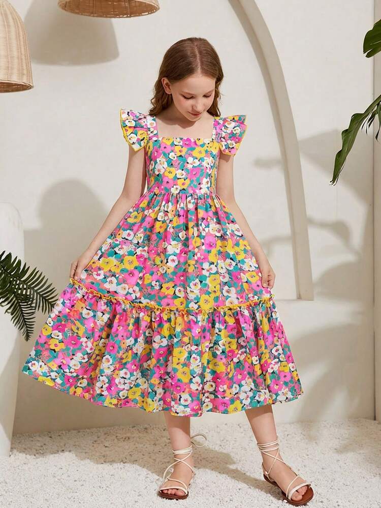 SHEIN Emery Rose Kids Vestido casual de vacaciones con cuello cuadrado, ajustado, con volantes y estampado floral tejido para niña preadolescente - Rosado Sandía - Añade 4