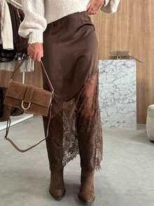 Siren Gaze Women's Lace Patchwork Skirt, Coffee Brown, Brown Skirt, Elegant Dress Women, New Year Clothes, Party Dresses, Beach Skirt, Satin Lace Skirt, Party, New Year, Date Outfit  Lace Maxi Skirt Long Brown Skirt Asymmetrical Skirt Slit Skirt See Through Skirt Summer - Coffee Brown - View 8