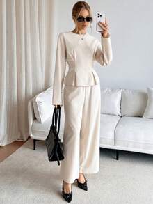 Siren Gaze Elegantes 2-teiliges Damen-Set aus apricotfarbenem Leinen, tailliertes Langarmhemd mit Rundhalsausschnitt & Hose mit geradem Bein, herbstlicher Casual-Anzug für Damen-Brunch - Aprikosenfarben - Übersicht 1