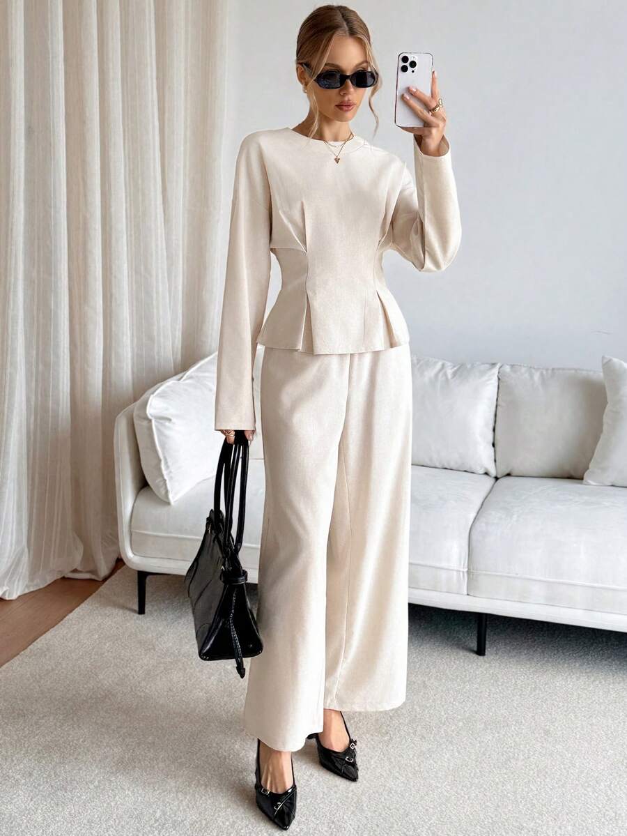 Siren Gaze Elegantes 2-teiliges Damen-Set aus apricotfarbenem Leinen, tailliertes Langarmhemd mit Rundhalsausschnitt & Hose mit geradem Bein, herbstlicher Casual-Anzug für Damen-Brunch - Aprikosenfarben - Übersicht 1