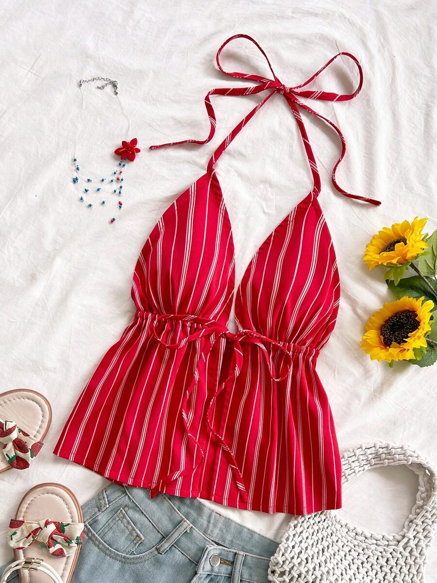 Soleia Áo ba lỗ hở lưng cổ chữ V, chất liệu vải họa tiết màu trắng dành cho nữ, thích hợp cho tiệc tùng, ngày lễ, hẹn hò, ngày lễ tình nhân, trà chiều - Đỏ - Xem 1