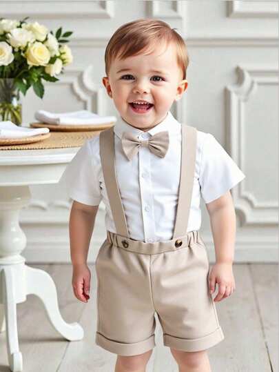 Souflis Souflis 2pcs Toddler Boys Formal Gentleman Style Outfit Set, Including White Short Sleeve Collared Shirt With Bow Tie And Casual Elastic Waist Suspender Shorts, Fashionable And Elegant, Suitable For Birthday Party, Ceremony, Performance, Wedding, Baby Shower And Other Formal Occasions, Summer Baby Boy Bow Tie Outfit Baby Boy Elegant Clothes Toddler Boy Dress Set Baby Boy Suspenders Baby Boy Wedding Suit