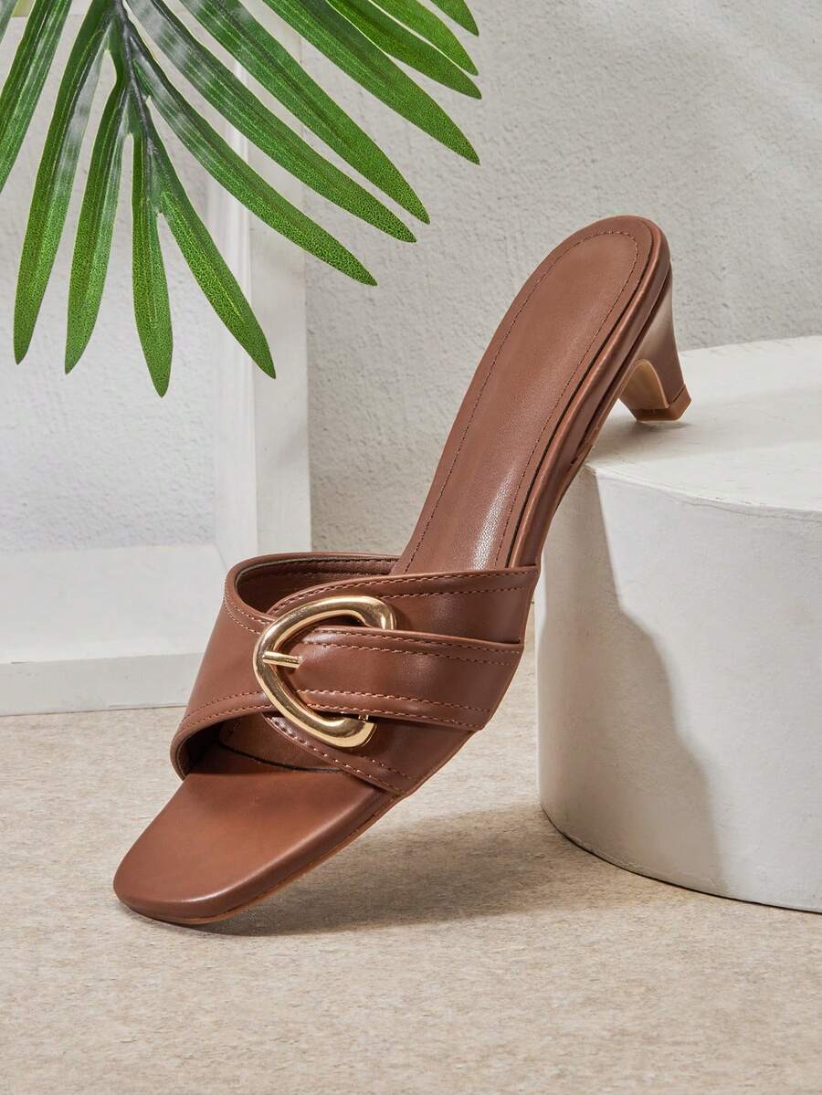 SHUZIA Women's Elegant Minimalist Buckled One Band Kitten Heel Sandals - Maroon - View 1