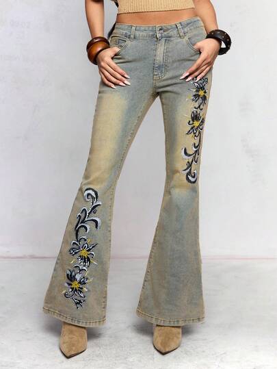 Women's Retro Hippie Style Music Festival Super Low Waist Beaded Embroidered Flare Jeans
