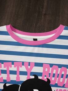 Betty Boop x SHEIN 女士休闲条纹卡通图案撞色滚边短袖T恤，夏季 - 白色 - 查看 5