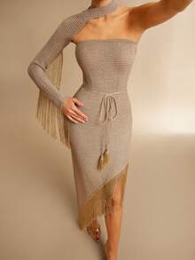 Silquee Vestido de saída de praia moderno, sem alças, com fenda e franjas - Ouro - Ver 6