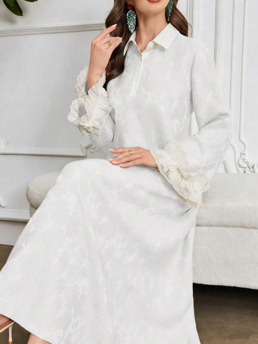 Al Najma 女士花卉刺绣领喇叭袖阿拉伯风格连衣裙 - 白色 - 查看 1