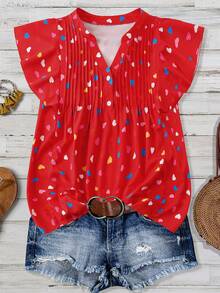 Linhara Plus Size Women's Heart Print V-Neck Puff Sleeve Ruched Decor Casual Elegant Fashion French Romantic Date Versatile Sweet Blouse, Spring/Summer - Multicolor - View 3