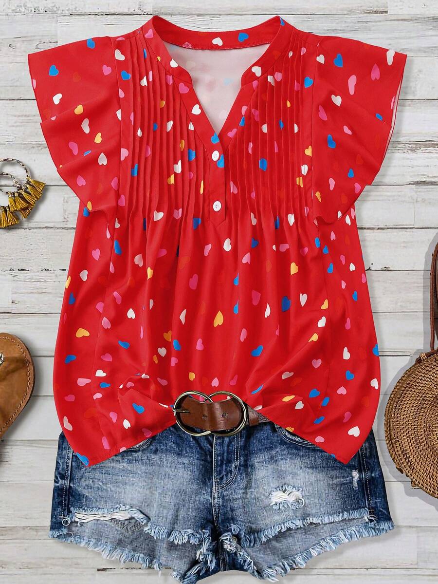 Linhara 大码女式爱心印花V领泡泡袖褶皱装饰休闲优雅时尚法式浪漫约会百搭甜美衬衫，春夏款 - 彩色 - 查看 1