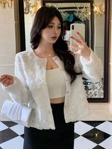 DAZY Women's Elegant Plain Textured Round Neck Blouse, Autumn/Winter - White - View 1
