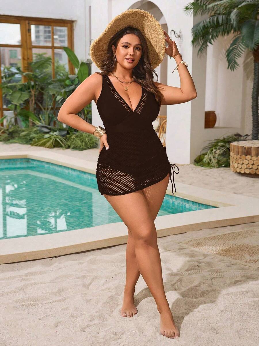 Swim Vcay Plus Size Solid Color One-Piece Swimsuit, Vacation & Beach Crochet Cover Up Dress Sexy Coverups Swimwear Bikini Cover Up Dress Curve Swim Dress Curve Swimsuit Cover Up - Brown - View 1