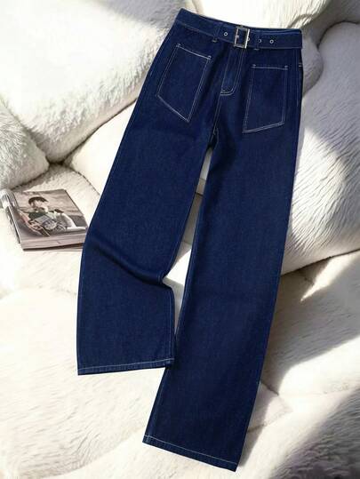 GlowEve 女士休闲水洗高腰阔腿牛仔裤，配腰带