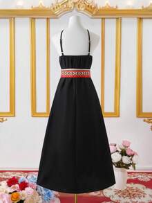 SHEIN Setelan Abaya 2 Potong untuk Remaja Perempuan, Hitam dan Putih, Musim Panas, Kasual, Serasi untuk Keluarga - Hitam - View 6