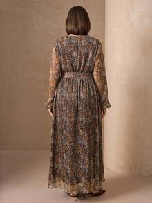Chikora Abito elegante di media lunghezza con scollo a V, maniche a lanterna, plissettato, con stampa floreale e leopardata, adatto per resort, abiti da spiaggia, abiti da sole, outfit bohémien da vacanza, taglie comode per donna - Multicolore - Visualizzare 2