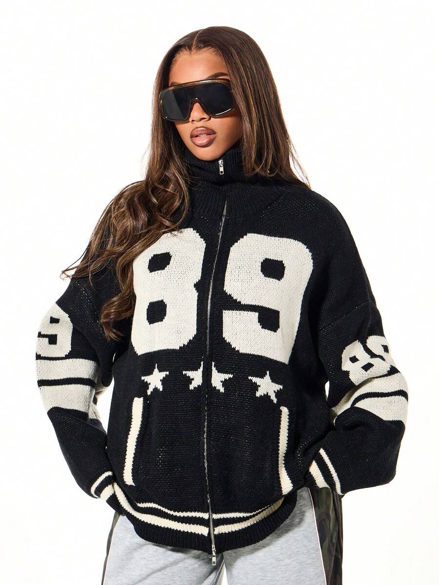 SUMWON WOMEN Áo khoác cardigan dệt kim dáng rộng, vai rớt, khóa kéo, kiểu dáng thể thao, in số 89 và họa tiết ngôi sao. - màu đen - Xem 1